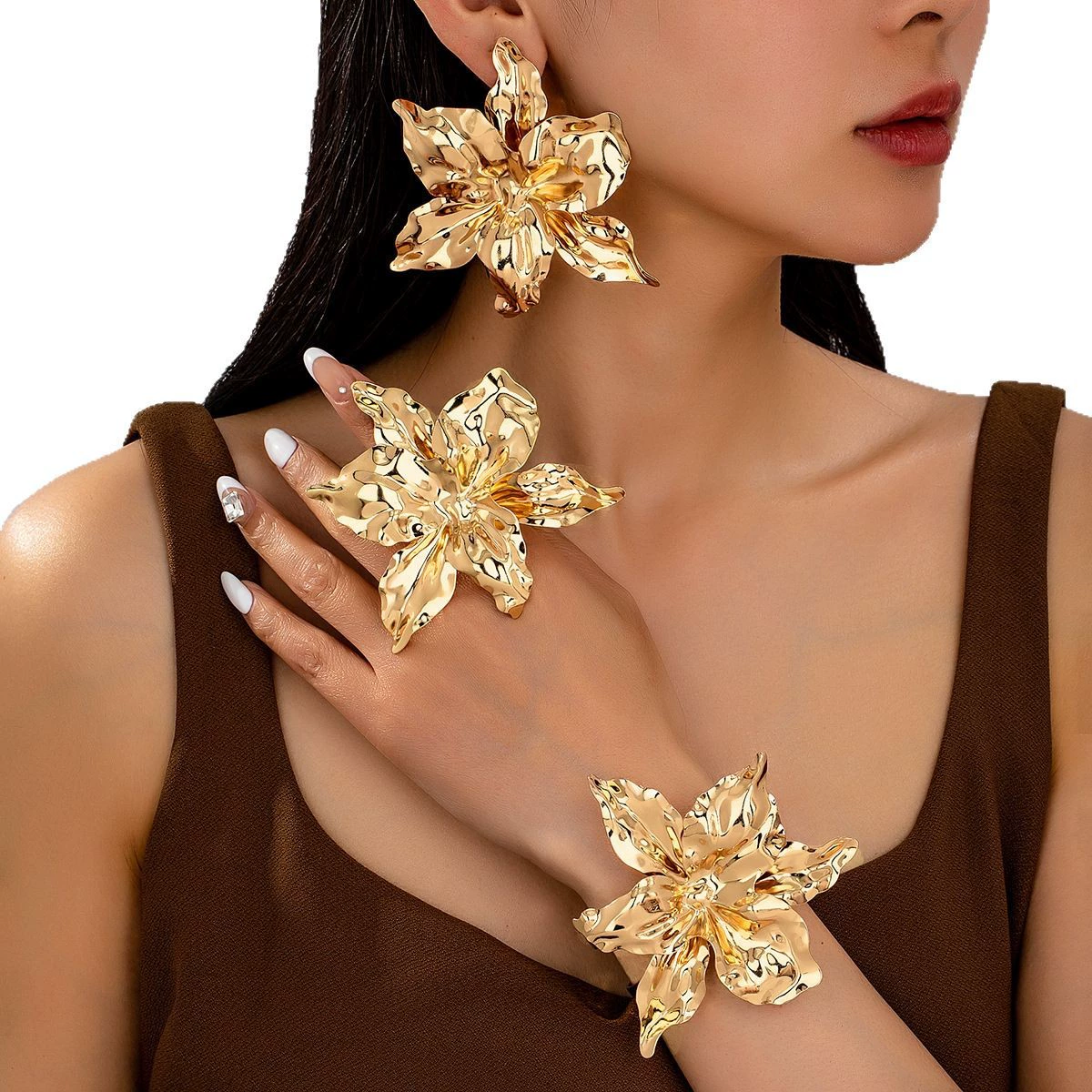Design bracelet, ring, earrings, set, flowered, bright catchy style