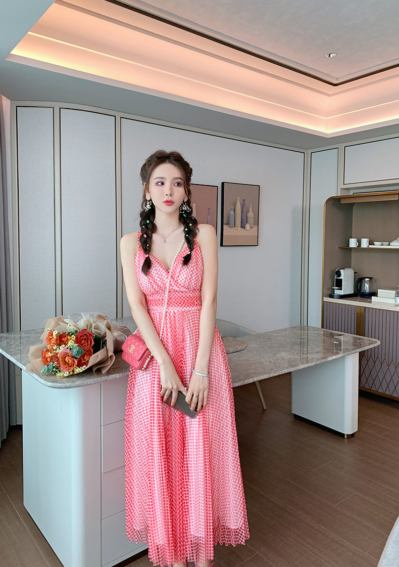 Váy maxi cổ chữ V chấm bi lưới xếp ly cạp cao tay địu — Màu đỏ chi tiết 5