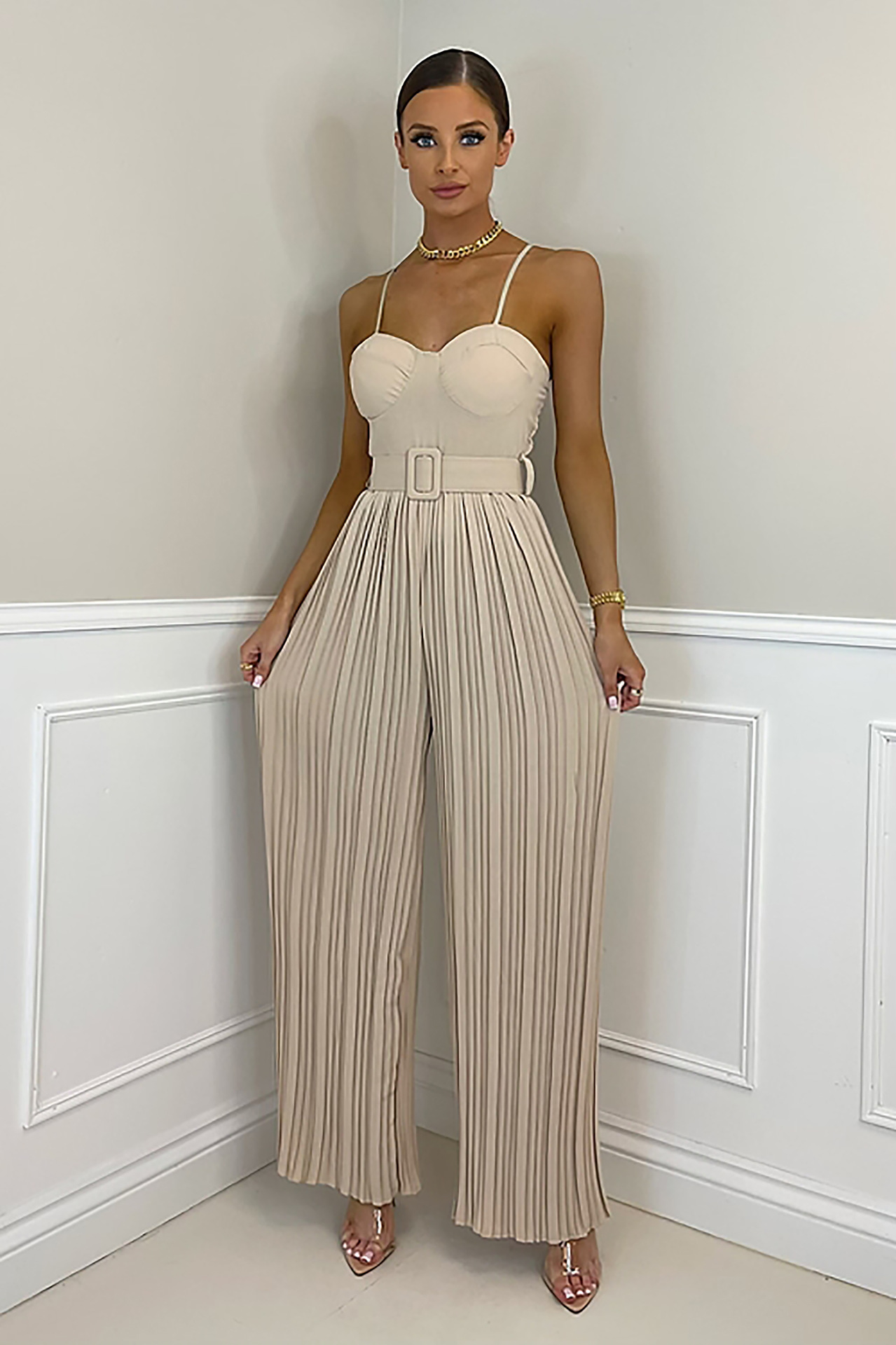 Pleated Solid Color Wide-leg backless slim high waist Jumpsuit NSCYW134142