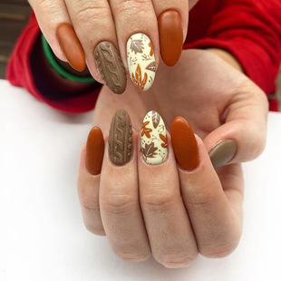 Cross-Border Color-Blocked Leaves Thanksgiving European and American Wearable Nails Ins Style Manicure Nails Removable Fake Nails Wholesale