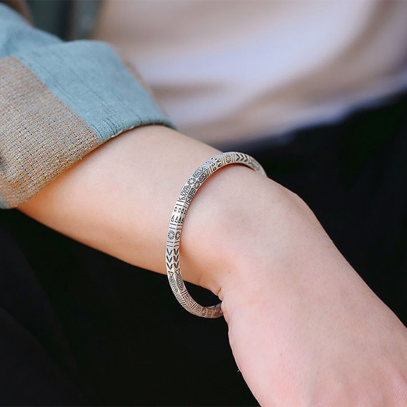 Totem bohémien 2 pezzi con anello aperto solido placcato in argento, design di nicchia, braccialetto in stile etnico_voghion.com