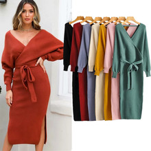 一件代发欧美风毛衣裙2021秋冬女装7色V领中长开叉连衣裙轻熟风