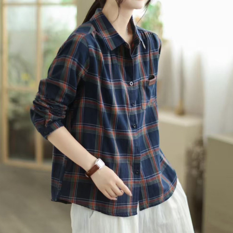 复古格子双层棉宽松衬衫女春秋新款休闲减龄叠穿衬衣长袖上衣|undefined