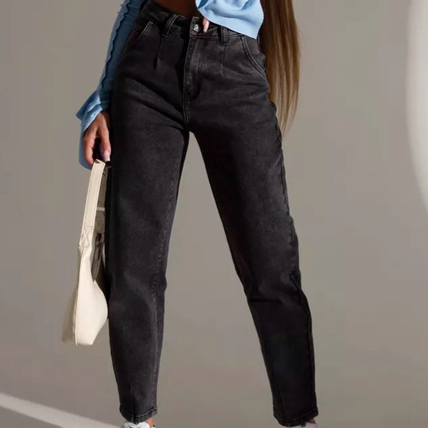 American-Style Autumn and Winter Black Straight Retro Slim High-Waisted Loose Cropped Jeans Jogger Pants European and American Cross-Border Women's Clothing