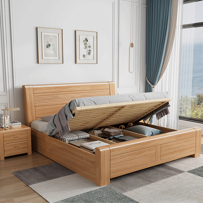 Cama de madera sólida de color nórdico de 1,8 m cama doble dormitorio principal de 1,5 m de tamaño de casa de almacenamiento de presión de aire cama de haya