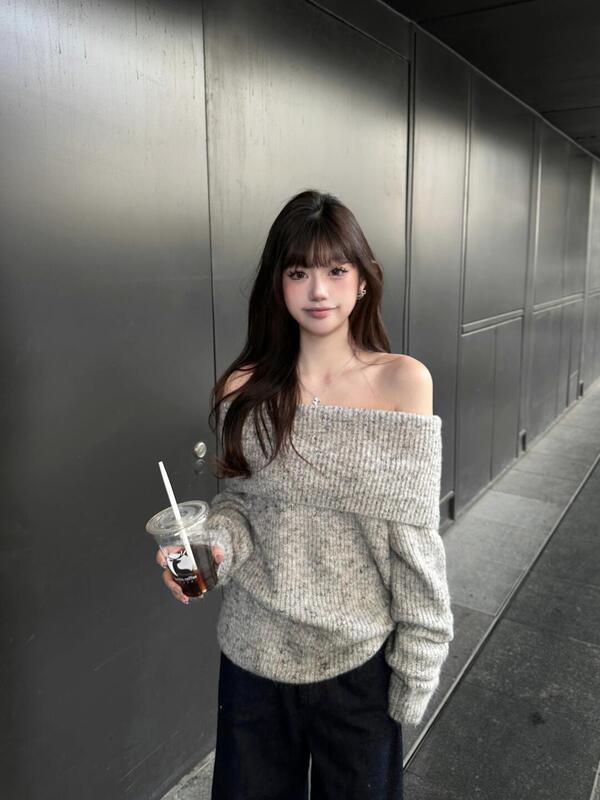 灰色露肩韩系套头毛衣女秋冬慵懒风宽松气质小个子长袖一字肩上衣|undefined