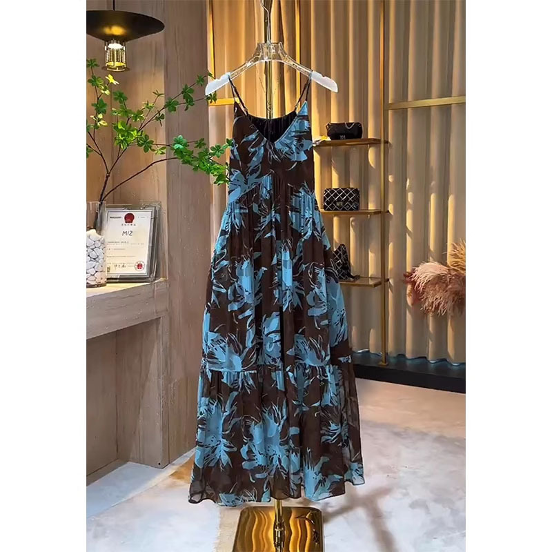 Blue Coffee Color Printed Suspender Dress for Women, Light Luxury and High-End Summer Temperament French Waist Floral Holiday Long Dress