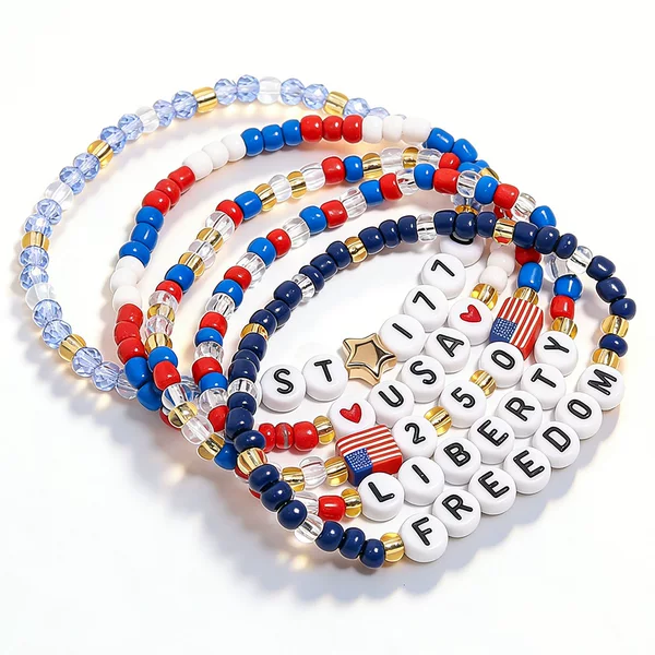 European and American Cross-Border Independence Day Bracelet Set with Acrylic Beads, Personalized Pendants, Stars, Hearts, and Flags
