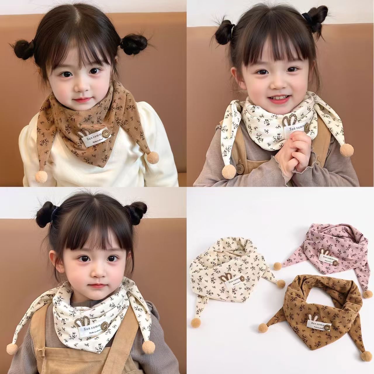 Children's New Floral Scarf Baby Windproof Warm Triangle Scarf Boy and Girl Baby Autumn and Winter Double Layer Thickeneded Scarf