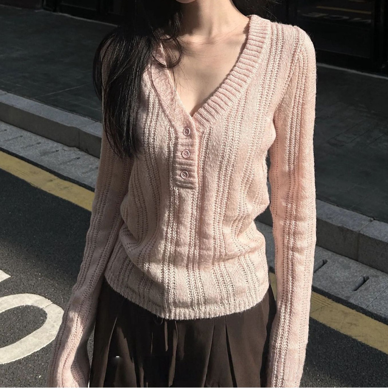 早秋时尚领毛织上衣女2025螺纹镂空针织衫粉色其它|undefined