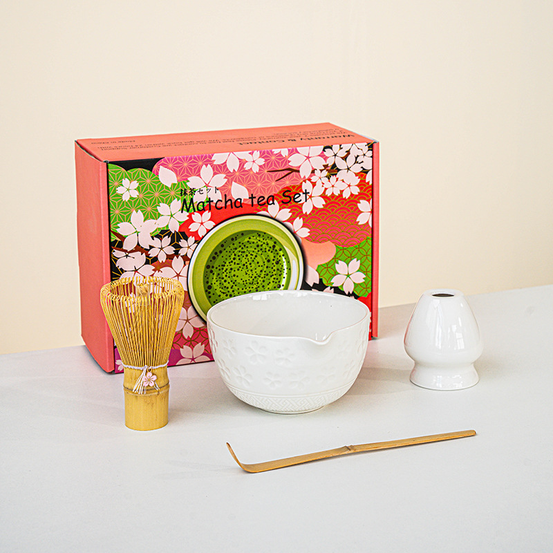 FJT 사쿠라 와이드 입 그릇 화이트 4종 세트(사쿠라 박스 그린 패턴)