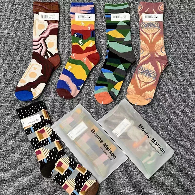 Calcetines de tubo medio-altos para mujer, estilo artístico de pintura al óleo colorida francesa BM, 2025d_voghion.com