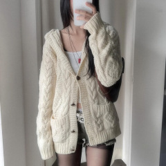 温柔风慵懒宽松麻花毛衣开衫女2025秋冬季休闲连帽领外套上衣新款