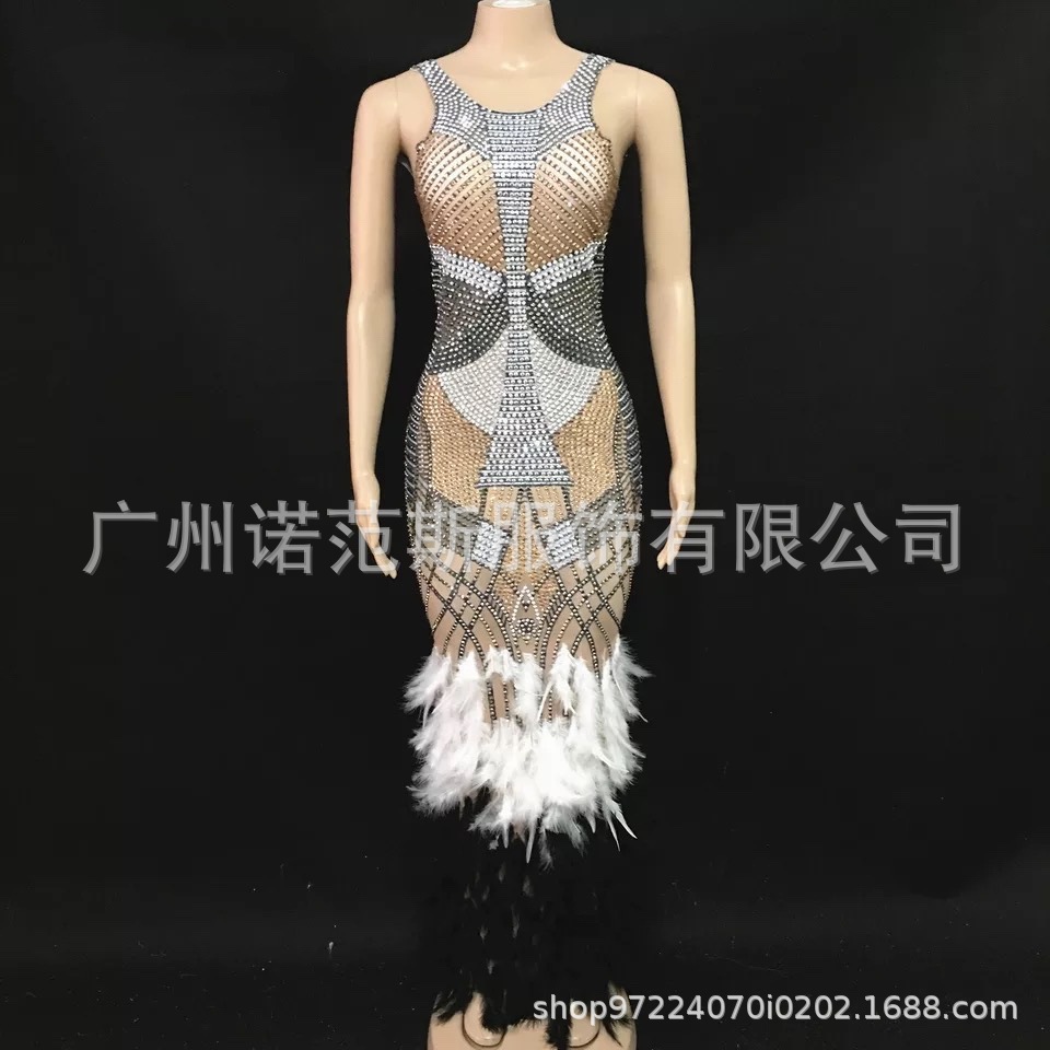 Costume crystal pattern dress party ball gown elegant sleeveless short feather cocktail dress stunning sexy
