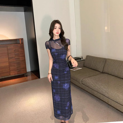 優しい気質の中国風改良メッシュチェック柄チャイナドレス女性のプリーツウエスト半袖サマーロングスカート