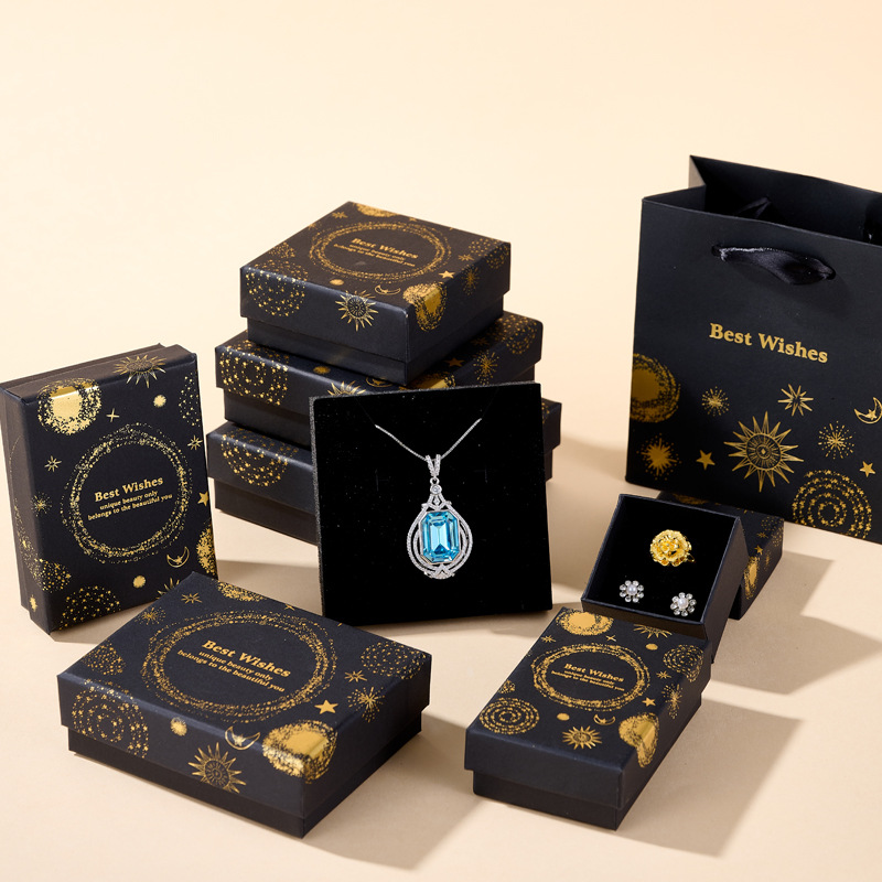 In Stock Black Hot Stamping Jewelry Box Classic Gold-Plated Watch Box Accessory Packaging Box Luxury Earring Ring Necklace Box