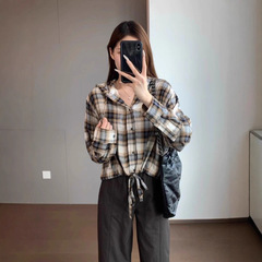 THEWOW AC同款 复古佰搭宽松版翻领落肩长袖底边抽绳格纹连帽衬衣