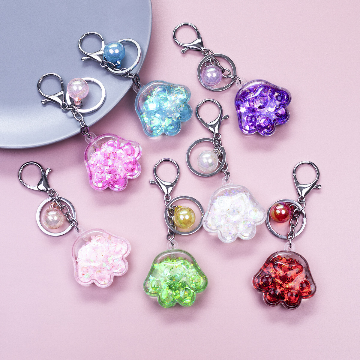 Porte-clés en forme de patte de chat en acrylique rose, mignon, dessin animé, exquis, pendentif en sable liquide pour fille, décoration de sac à dos_voghion.com