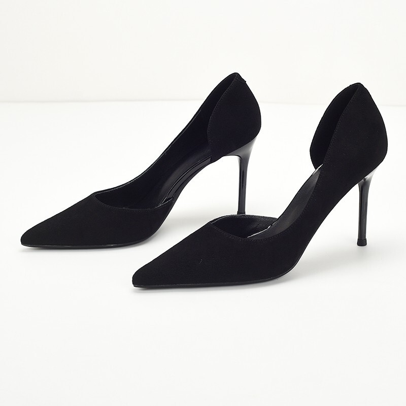 Casual and Versatile Black Goatskin Genuine Leather Pointed Toe Shallow Mouth Side Hollow Stiletto Ultra-High Heels Sexy Professional Model Shoes for Women Casual and Versatile Black Goatskin Genuine Leather Pointed Toe Shallow Mouth Side Hollow Stiletto Ultra-High Heels Sexy Professional Model Shoes for Women