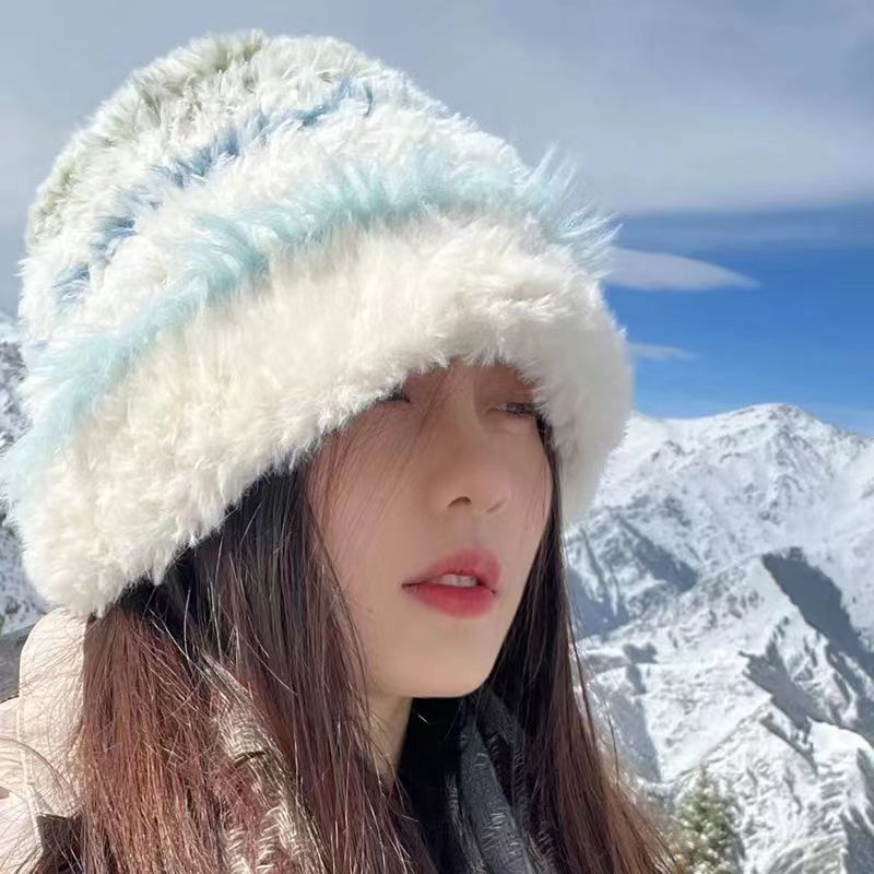Thickened Winter Women's Plush Fisherman Hat Color-block Black and White Striped Plush Knitted Wool Basin Hat Warm Hat