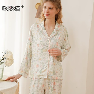宽松版人棉印花女士睡衣春夏款贡缎莫奈花园家居长袖长裤T