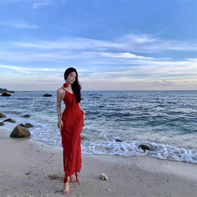 Real Shot Party Highlight Rose Flaming Red Slimming Irregular Ruffle Dress Vacation Outfit Dress