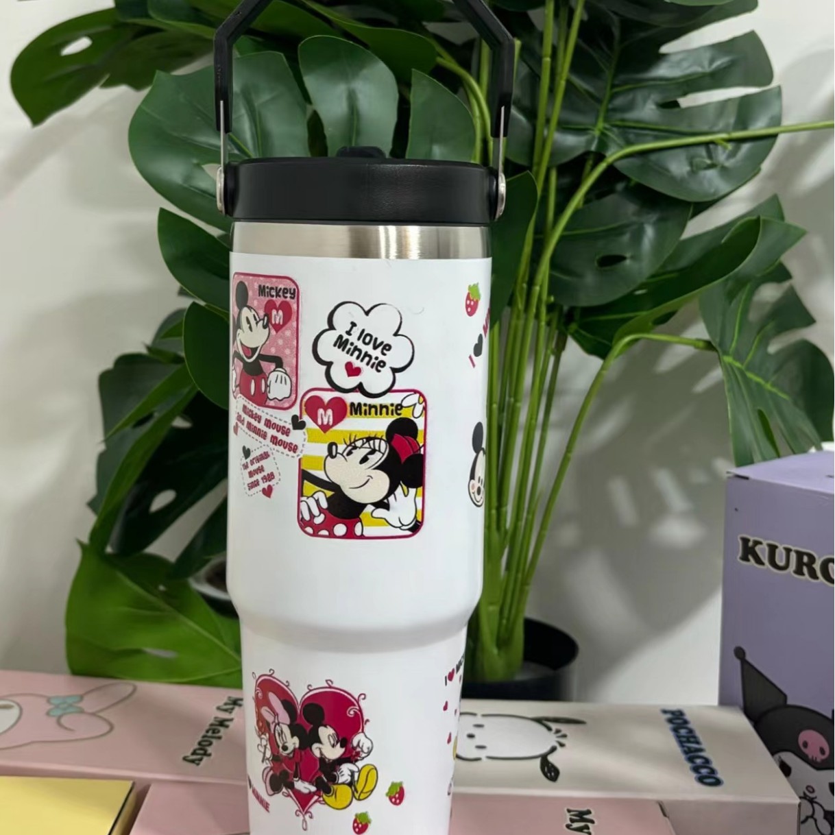 Nuevo 30oz taza de coche patrón de dibujos animados de gran capacidad de acero inoxidable termo de vacío taza de alta apariencia portátil mango de hielo