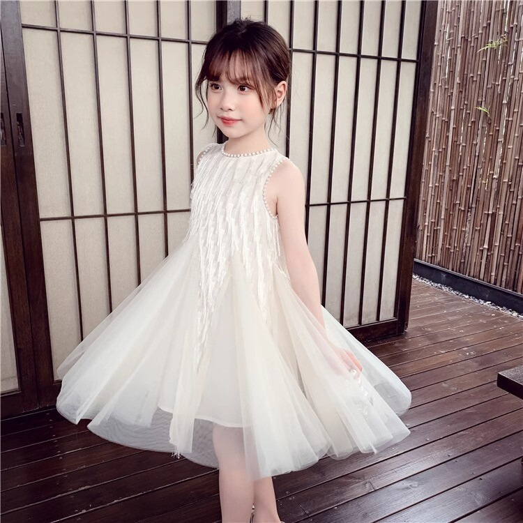 Girls' Dress Summer 2026 New Style Fashionable Children's Pearl Tassel Mesh Princess Dress Little Girl Dress