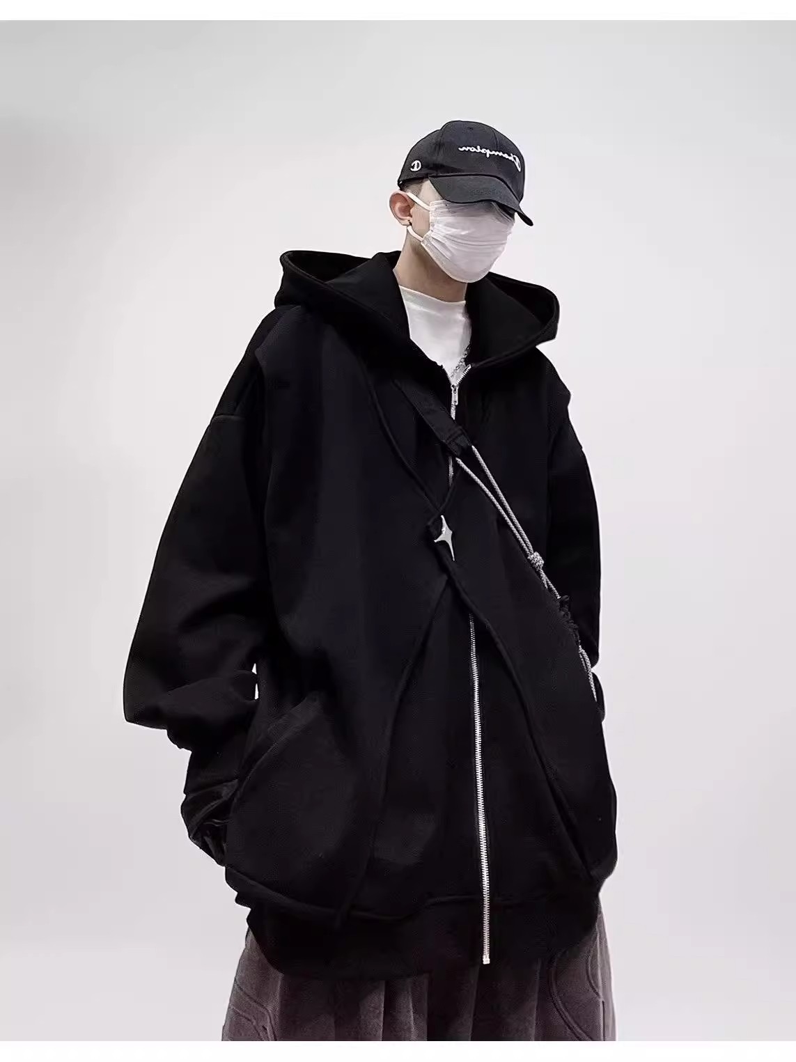 Nueva marca de moda americana suéter de rebeca con capucha ancha negra primavera y otoño para hombre chaqueta deportiva casual