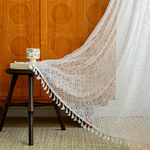 Cross-Border French Translucent Curtains, Window Screens, Hollow Lace Gauze Curtains, Wavy Edges, Tassels, Bedroom and Living Room Finished Products Wholesale