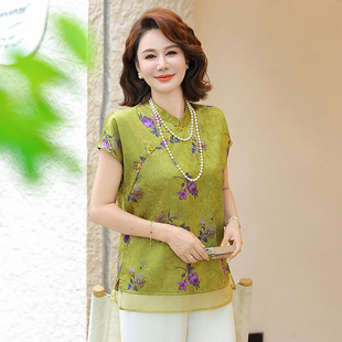 New Chinese Style Mom Short-Sleeved Tops 2025 New Middle-Aged and Elderly Large Size Loose T-Shirts Western Style Mother-In-Law Shirts