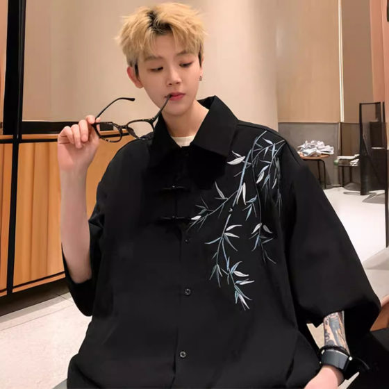 New Chinese Style National Style Long Sleeve Shirt for Boys Spring and Autumn Loose Embroidered Hanfu Buckle Tang Suit Taoist Robe Shirt Jacket