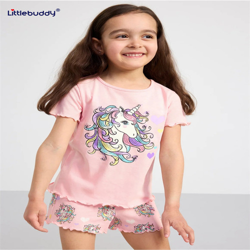 LittleBuddy Summer European & American-style Kids' Short-sleeve Set: Children's Clothing—Printed Cotton Short-sleeve Top with Shorts