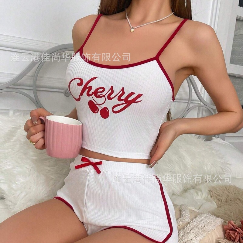 Cross-Border European and American Pure Desire Pajamas with Cherry Print Design, Sweet Camisole and Shorts Set, Home Wear, Sexy Sleepwear Cross-Border European and American Pure Desire Pajamas with Cherry Print Design, Sweet Camisole and Shorts Set, Home Wear, Sexy Sleepwear
