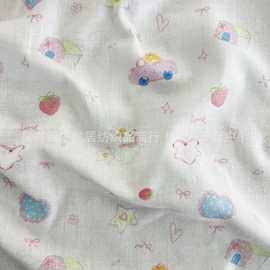 全棉数码印花纱布卡通条纹花棉布40支双层纱面料春秋居家服装面料