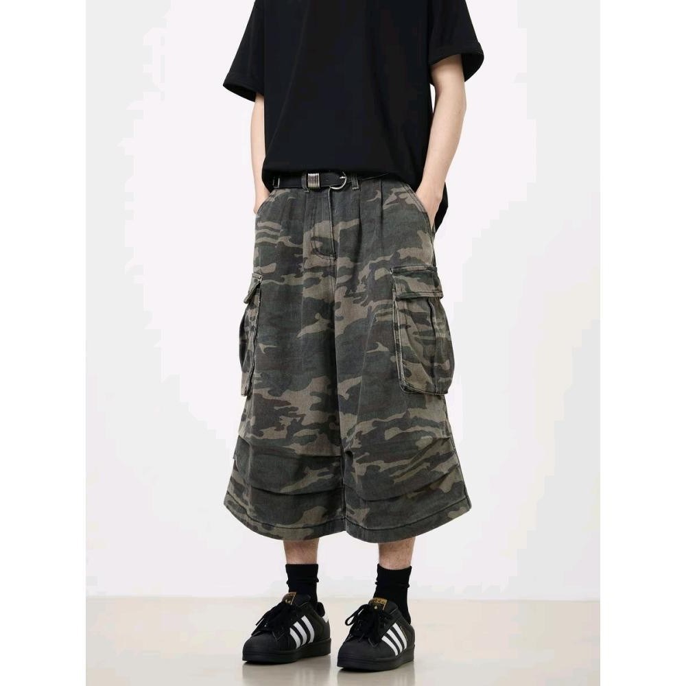 Summer American Pocket Wide Leg Camouflage Cargo Shorts Men's and Women's New Fashion Brand Loose Casual Capri Pants Jeans