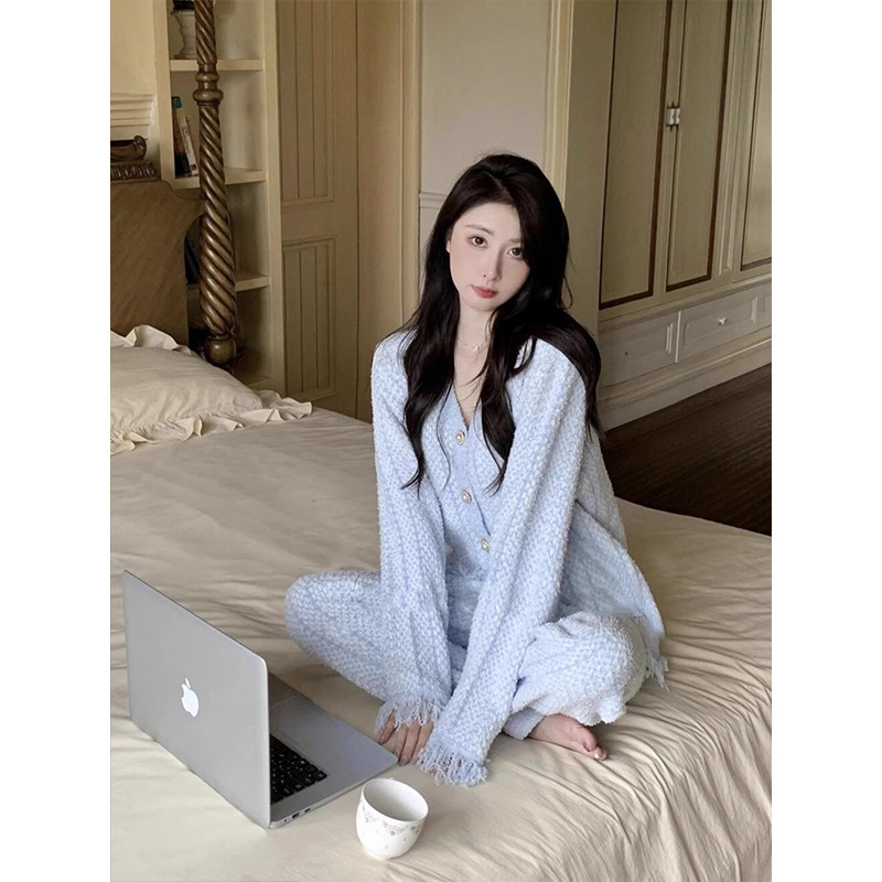 【现货】韩版小香风半边绒针织睡衣女冬季加绒加厚毛绒家居服套装|undefined