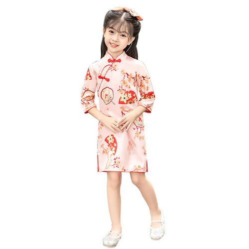 Girls 24 spring and autumn new mid-sleeve cheongsam dress baby children's dress dress retro literary Chinese style