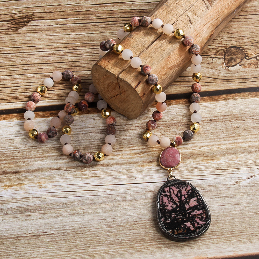 Bohemian Geometric Natural Stone Beaded Chain Pendant Necklace In Bulk display picture 7