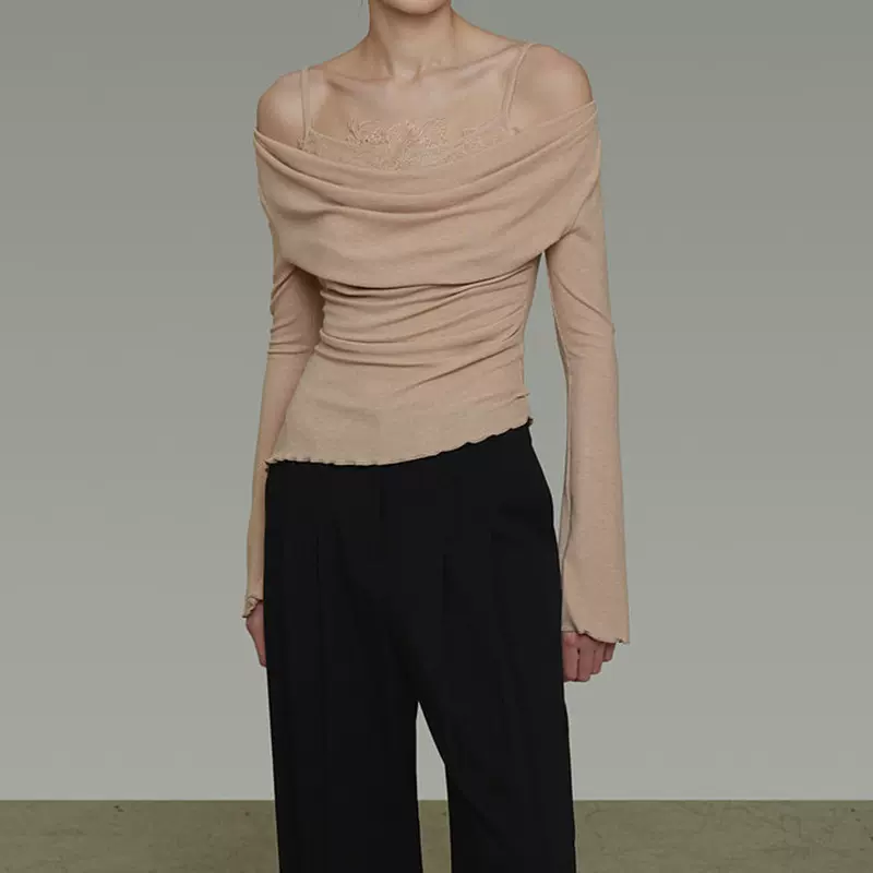 UNSPO假两件荡领蕾丝拼接针织衫女春季设计感修身显瘦气质上衣