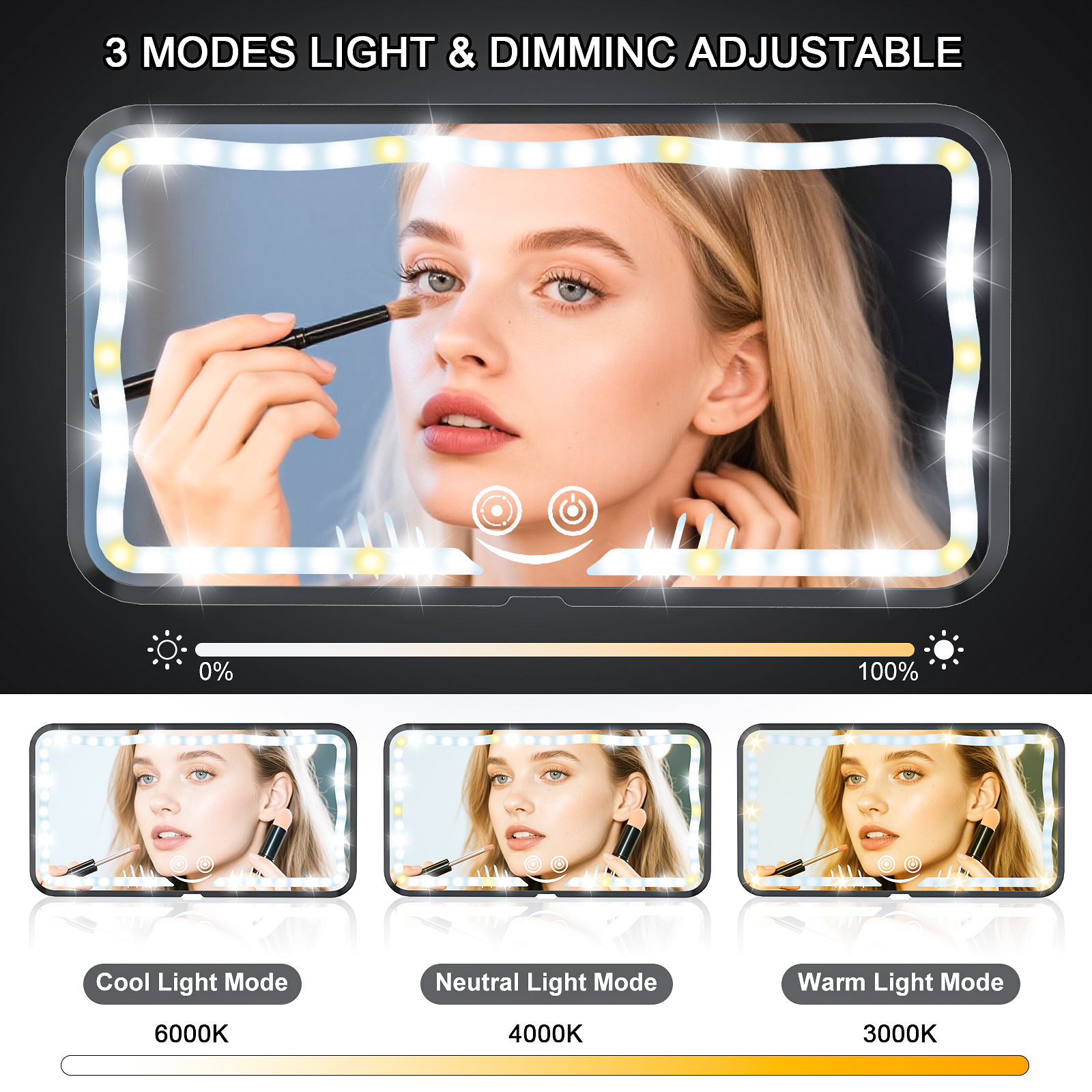 Cross-Border Car Sun Visor Makeup Mirror Led Car Makeup Mirror, New Appearance Design with Three Color Temperatures and Adjustable Lighting