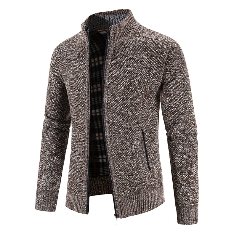 Hombres forrados de lana engrosada cuello de pie cardigan suéter comercio exterior juventud color sólido simple delgado suéter cálido abrigo de moda