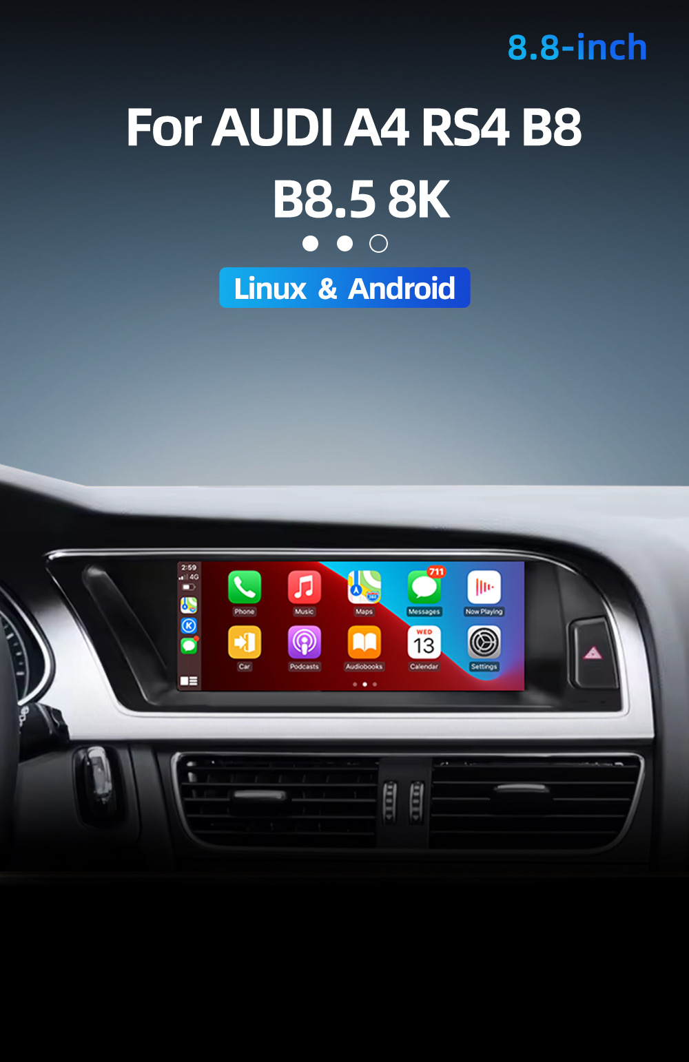 Car navigation central control screen suitable for Audi A4 RS4 B8 B8.5 8K Android reversing camera multimedia playback