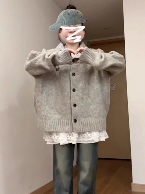 慵懒风甜美女翻领针织开衫粉色毛衣女新款初秋季韩系休闲宽松上衣|undefined