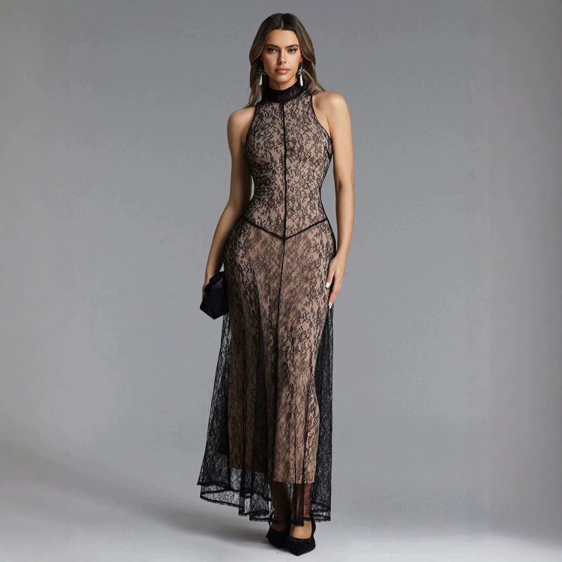 Long Waist-Cinching Slimming Evening Gown, Sexy Halter Neck Sleeveless Dress for Banquets, Parties, and Formal Occasions