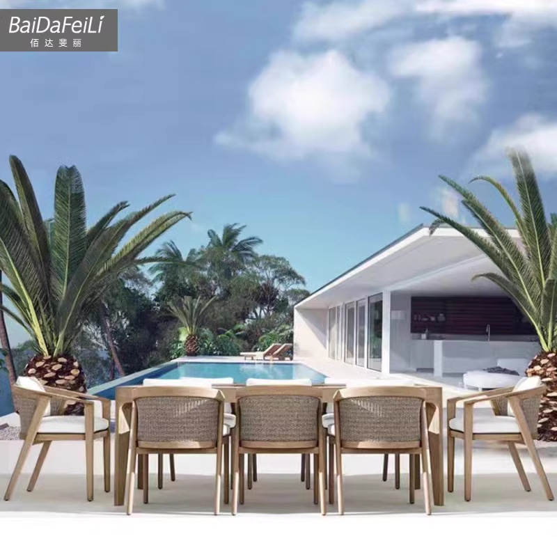 Mesa al aire libre sillas patio terraza villa impermeable al sol mesa larga de teca al aire libre jardín anticorrosivo mesa redonda de madera maciza