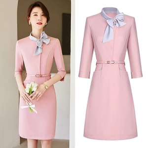 职业连衣裙女春秋气质粉色医美前台接待美容师工作服女高端美容院