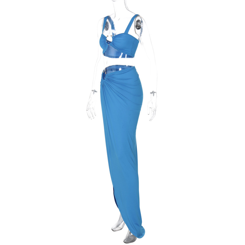 Women Clothing Spring Summer Sexy Sling Bandeau Slim Fit Fold Split Skirt Set