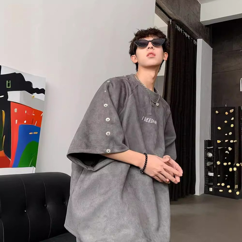 Men's Summer Heavyweight Cool Style Streetwear Design Fashion Niche Loose Casual 5 1/2 Sleeve T-Shirt