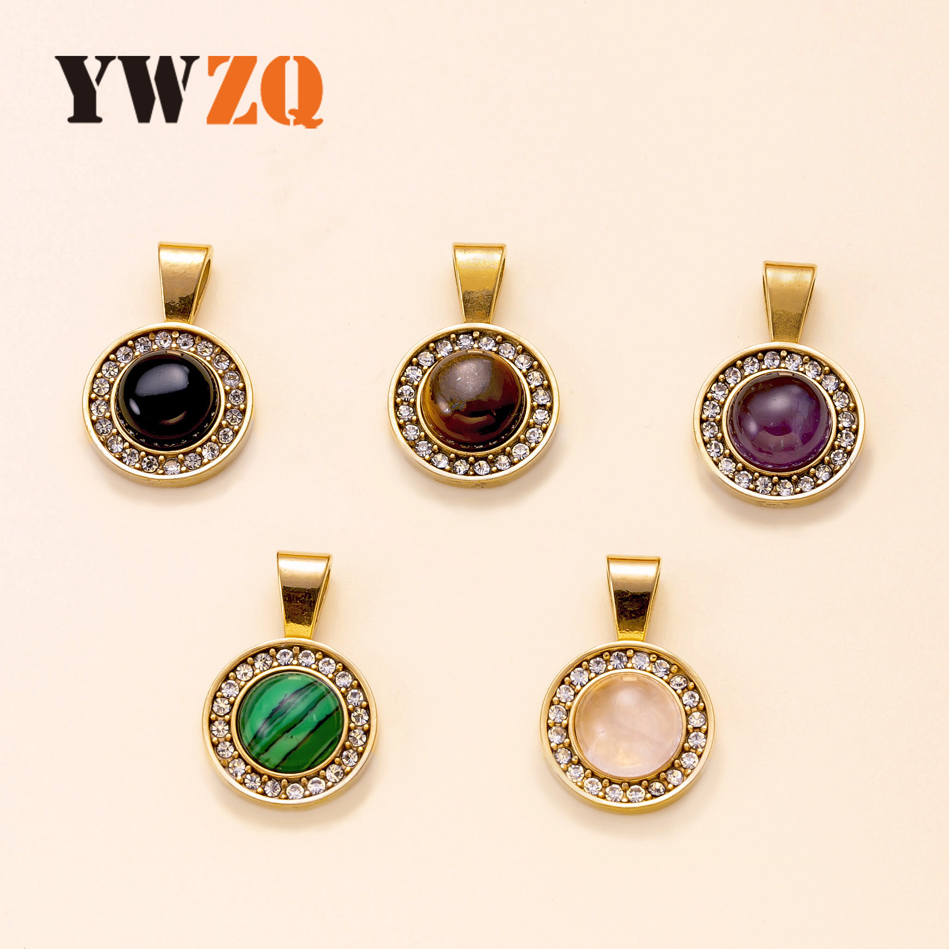 Colgante único venta directa de fábrica joyería de acero inoxidable fundición redondo con incrustaciones accesorios de piedra natural retro joyería de bricolaje de lujo ligero